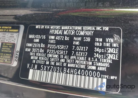 2017 Hyundai Santa Fe Sport 2.4L из США, поврежденный, VIN 5XYZU3LB4HG400000